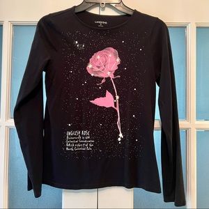 LANDS’ END GIRLS LONG SLEEVE BLACK SHIRT WITH PINK ENGLISH ROSE 🖤💖